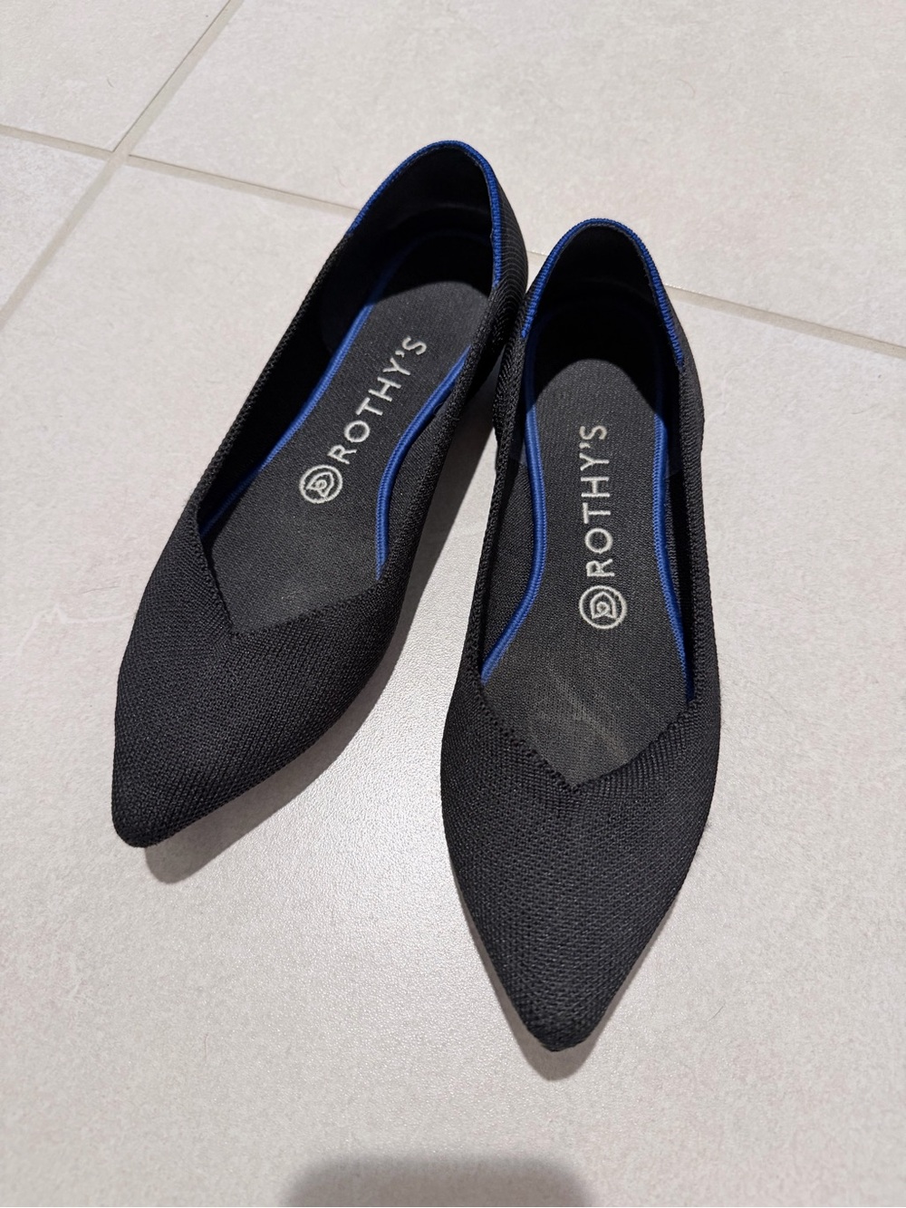 Rothy's Black Pointed Knit Ballet Flats with Blue Trim